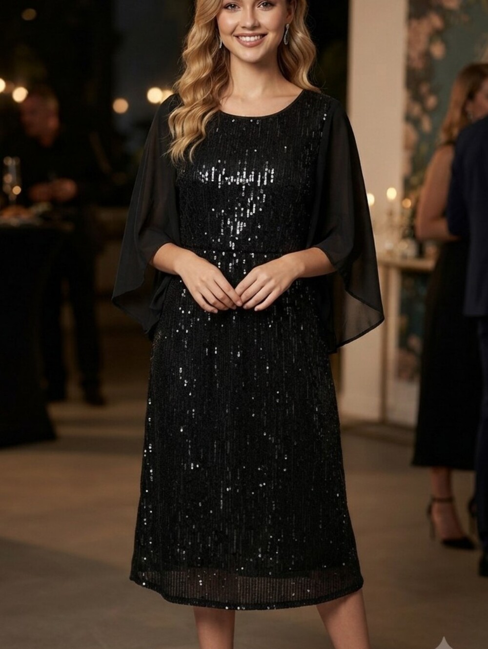 BloomChic Black Sequin Midi Dress with Chiffon Cape Sleeves